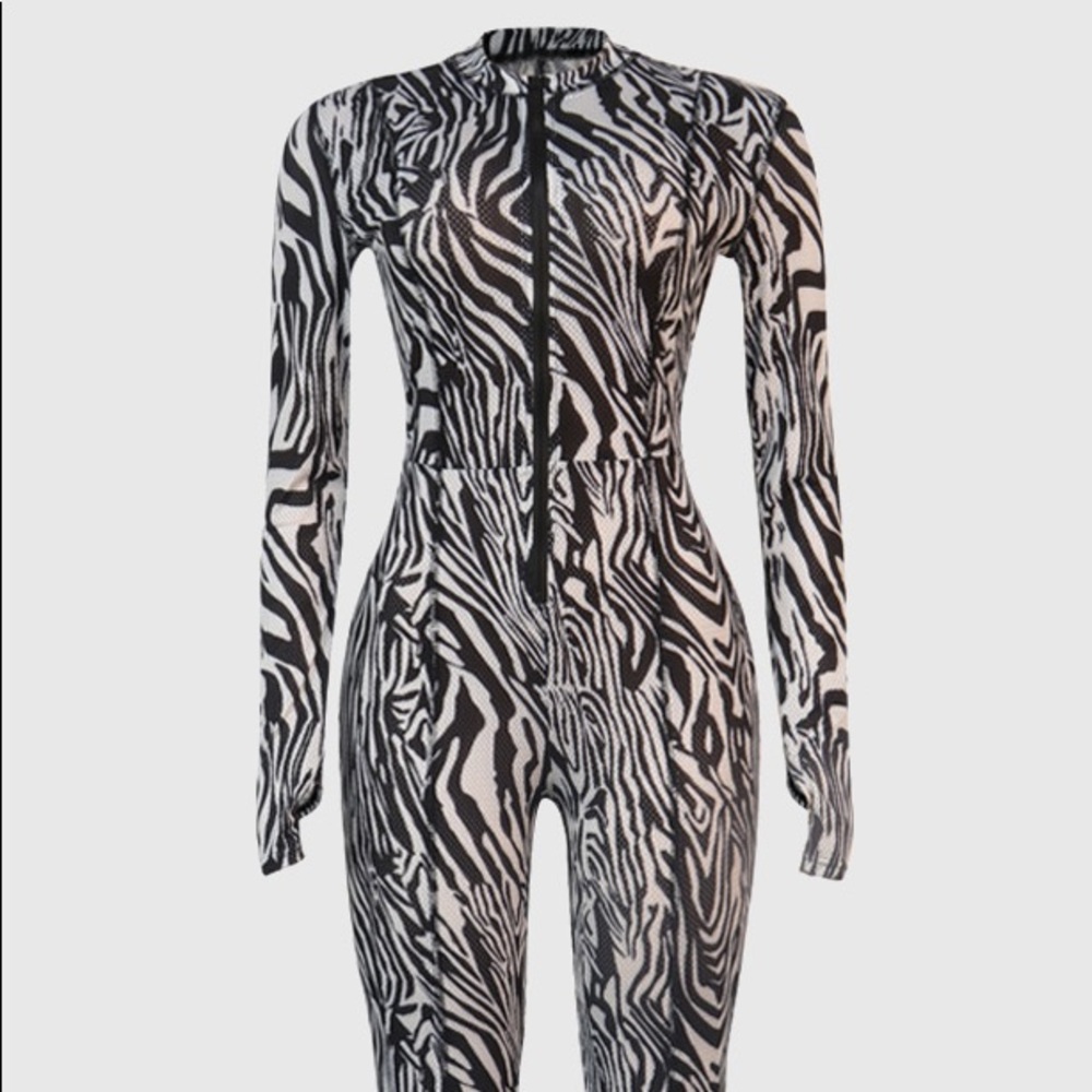 Zebra Print Zip up Casual Jumpsuit